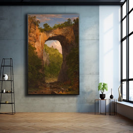 Famous western landscape painting of a towering natural rock arch over a wooded gorge