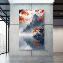 Chinese landscape painting of a misty mountain lake with orange maple and a pavilion
