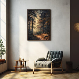 Atmospheric painting of a sunlit forest path in chiaroscuro light