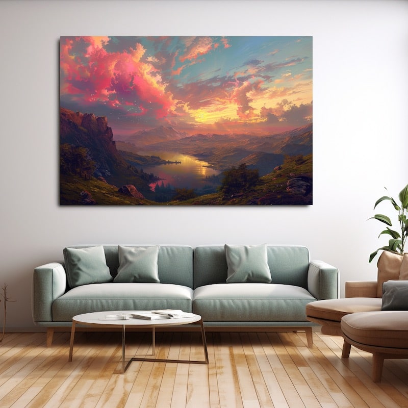 Mountain valley with a lake under a coral and gold sunset sky