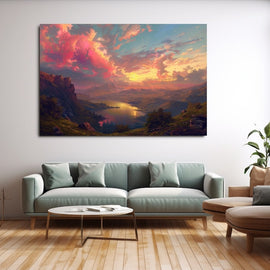 Mountain valley with a lake under a coral and gold sunset sky