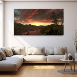 Wilderness river valley at twilight under scarlet and gold clouds