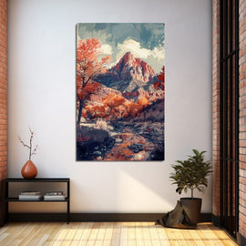 Stylised autumn landscape painting with a red-rock peak and amber trees by a stream