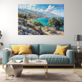 Painted Corsican coastline with turquoise bay, limestone rocks, olive tree and mountains
