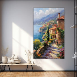 Impressionist Riviera hillside of terracotta houses and flowers above a turquoise bay