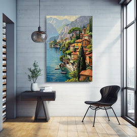 Mediterranean coastal village with terracotta villas and cypresses by a blue lake