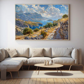 Painting of a Cretan coastal landscape with olive trees and a blue bay