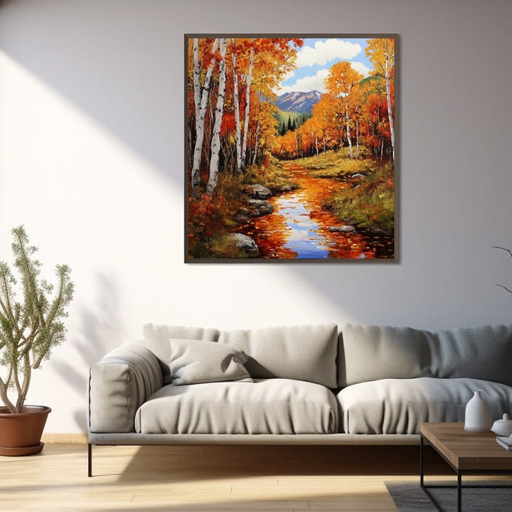 Painting of an autumn mountain stream with orange aspens and distant peaks
