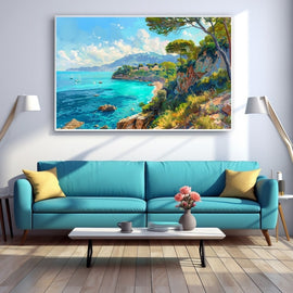 Turquoise coastal landscape painting of a Mediterranean cove with sailboats