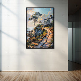 Landscape painting of a Breton coastal path leading to a stone cottage at dusk