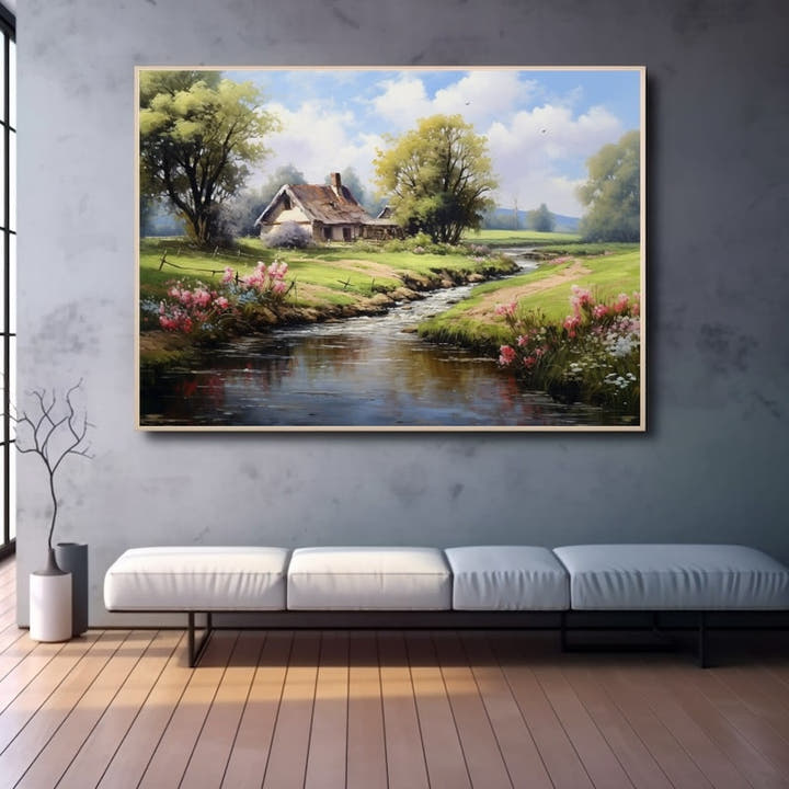 Thatched cottage beside a winding stream with blossoms and green meadows