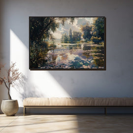 Impressionist French river with water lilies and trees in golden afternoon light