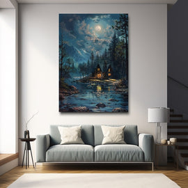 Painting of a glowing log cabin by a moonlit mountain stream framed by pines