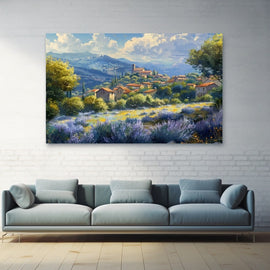 Painting of a Provence hillside village above a field of lavender