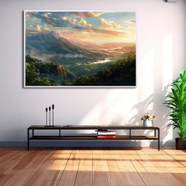 Misty green mountain valley and river under a golden sunset