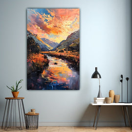Textured oil painting of a sunset mountain valley with a winding river