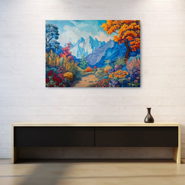 Folk-art landscape with blue mountains, a winding path and a colourful flower meadow