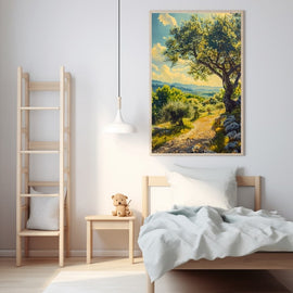 Painting of a sunlit Mediterranean hillside with an olive tree and winding stony path