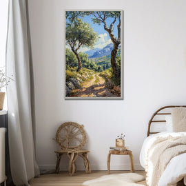 Mediterranean rural scenery with olive trees and a stony path leading to blue mountains