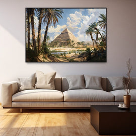 Sunlit pyramid framed by date palms and an oasis pool