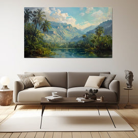Tropical oil painting of a palm-lined emerald river and blue mountains