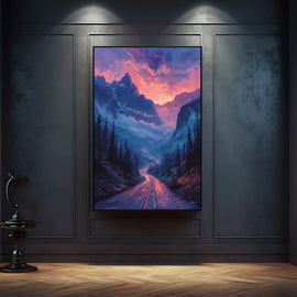 Fantasy landscape painting of a glowing mountain road winding through a sunset valley under fiery pink and violet skies