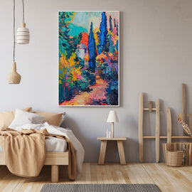 Fauvist colourful landscape with blue cypresses and a garden path