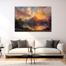 Dreamlike sunset painting of a mountain lake under rose and gold clouds