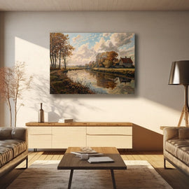 Flanders canal landscape with farmhouse and autumn trees
