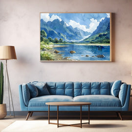 Watercolour mountain landscape with a still blue lake