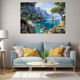 Painted Mediterranean calanque with turquoise water between pale limestone cliffs and pines