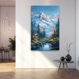 Snow-capped mountain peak landscape with pines, pink blossom and a clear stream