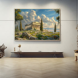 Photorealistic painting of an ancient Greek marble temple on a wildflower hilltop