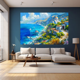 Impressionistic Greek landscape painting of a coastal village above a turquoise sea