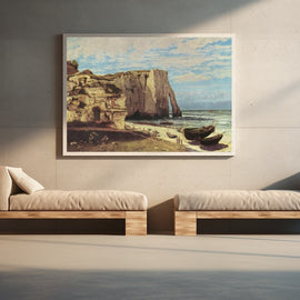 Classical Normandy coast with chalk cliffs and fishing boats