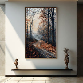 Misty autumn forest path strewn with copper leaves