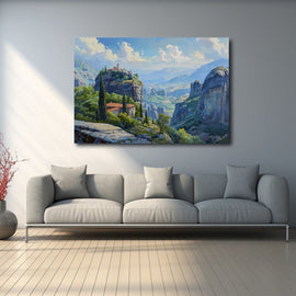 Painting of rock pillars and a clifftop monastery above a green valley