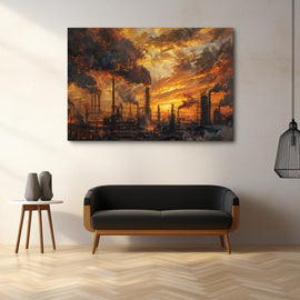 Industrial skyline of smoking chimneys beneath a fiery sunset sky