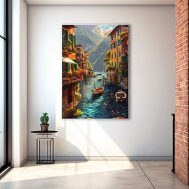 Oil painting of a sunlit Italian canal village with ochre houses, turquoise water and moored boats beneath a forested mountainside