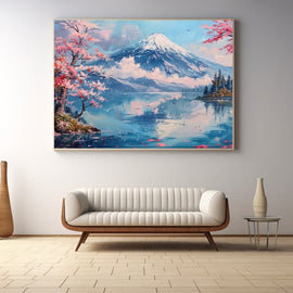 Japanese spring scene with snow-capped mountain, pink cherry blossom and a still blue lake