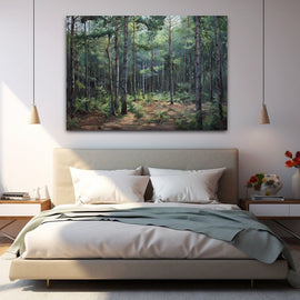 Sunlit pine forest clearing with ferns and earthy ground