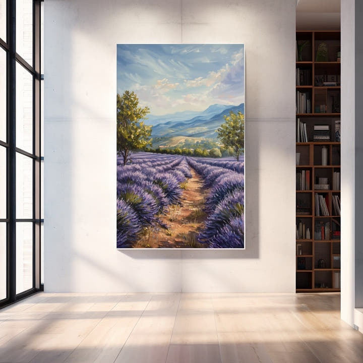 Lavender oil painting with a sunlit path between blooming rows and blue hills