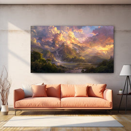 Landscape painting of a mountain valley and waterfall under glowing golden-hour clouds