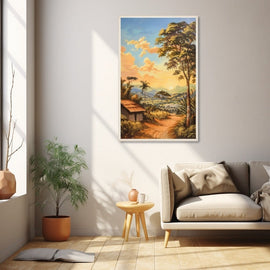 Sunlit tropical valley landscape with hut and path at golden hour