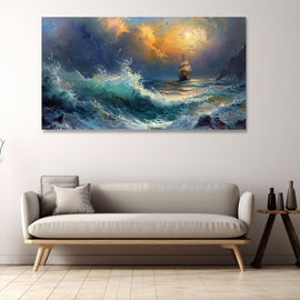 Oil painting of a tall ship riding a great turquoise wave under a stormy golden sky