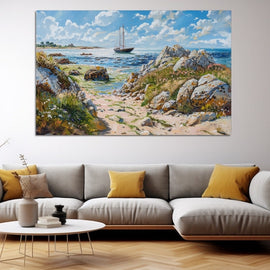 Painting of a rocky coastline with a moored sailing boat and turquoise inlet