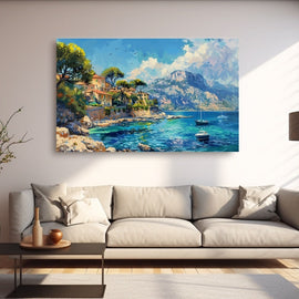Impressionist Mediterranean cove with ochre village and two sailboats