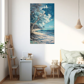 Abstract painting of a windswept tree over a turquoise beach