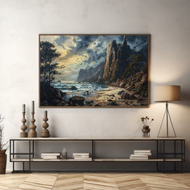 Rugged coastline with tall rock cliffs and a windswept tree under a brooding sky