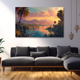 Oasis with palms and a river under a vivid sunset sky with mountains
